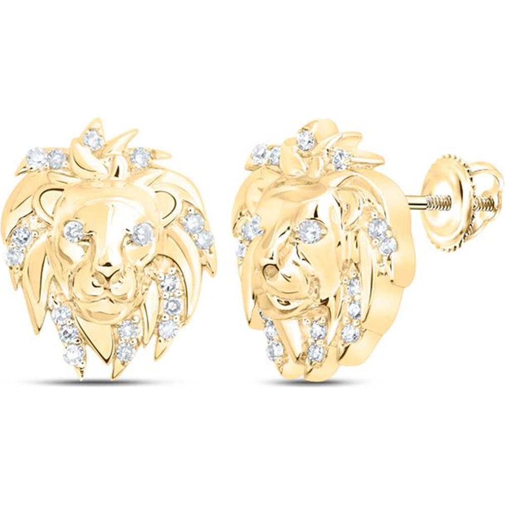 10K Yellow Gold Lion Face Stud Earrings with Round Prong-Set Diamonds - 1/12 Carat Total Diamond Weight