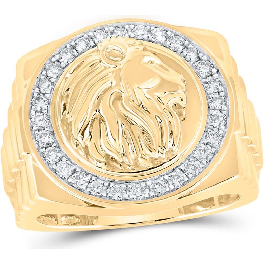 10K Yellow Gold Lion Motif Ring with Prong-Set Round Diamond Halo - 0.50 Carat Total Diamond Weight