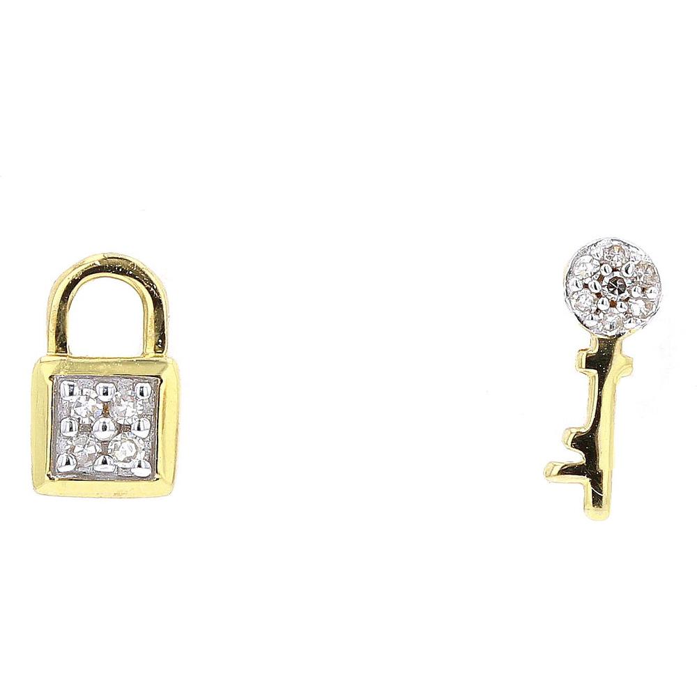 10K Yellow Gold Lock & Key Stud Earrings with Pavé Diamonds - 0.05 Carat Total Diamond Weight