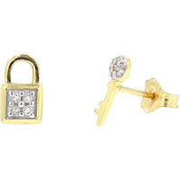 10K Yellow Gold Lock & Key Stud Earrings with Pavé Diamonds - 0.05 Carat Total Diamond Weight