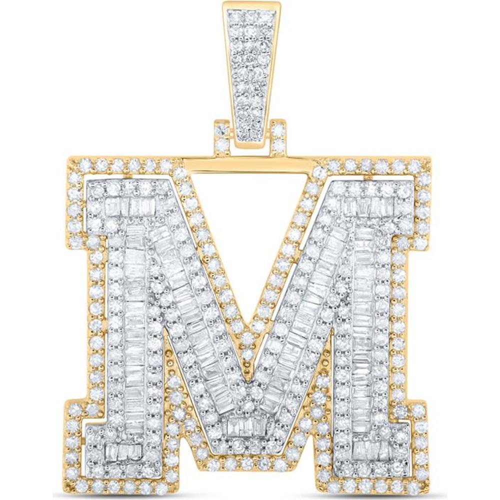10K Yellow Gold "M" Initial Letter Pendant with Round and Baguette Diamonds - 1.58 Carat Total Diamond Weight