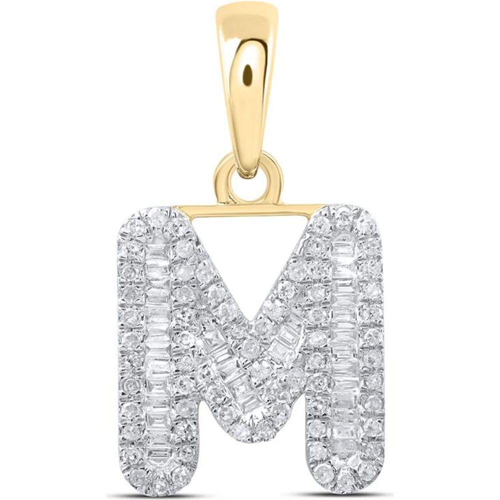 10K Yellow Gold "M" Initial Pendant with Baguette and Round Diamonds - 3/8 Carat Total Diamond Weight