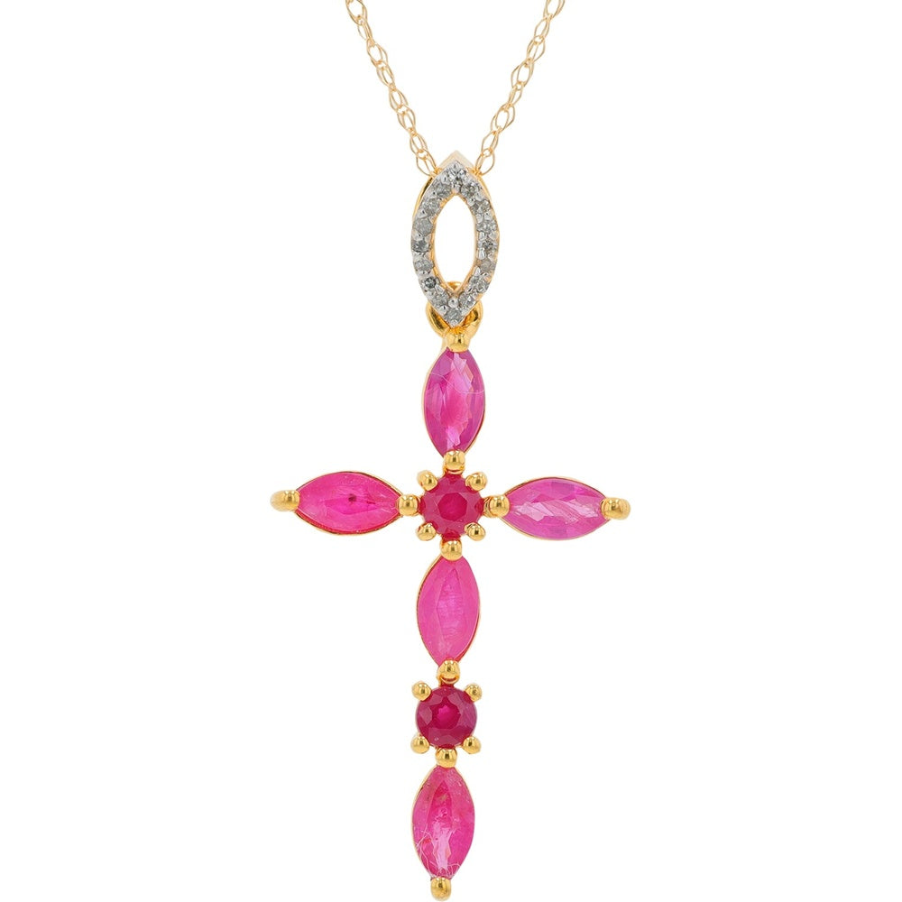 10K Yellow Gold Marquise and Round Ruby Cross Pendant with Diamond Accented Bail - 0.90 Carat Total Ruby Weight and 0.06 Carat Diamond Weight