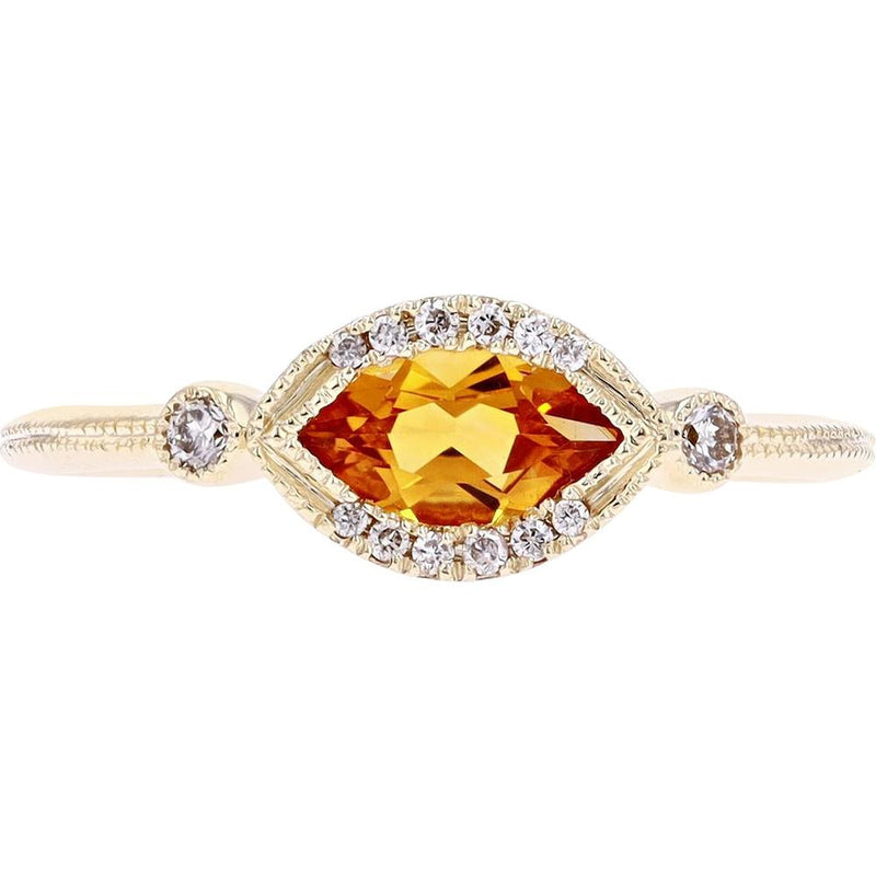 10K Yellow Gold Marquise Citrine and Diamond Halo Ring with Milgrain Detail - 0.08 Carats Total Diamond Weight