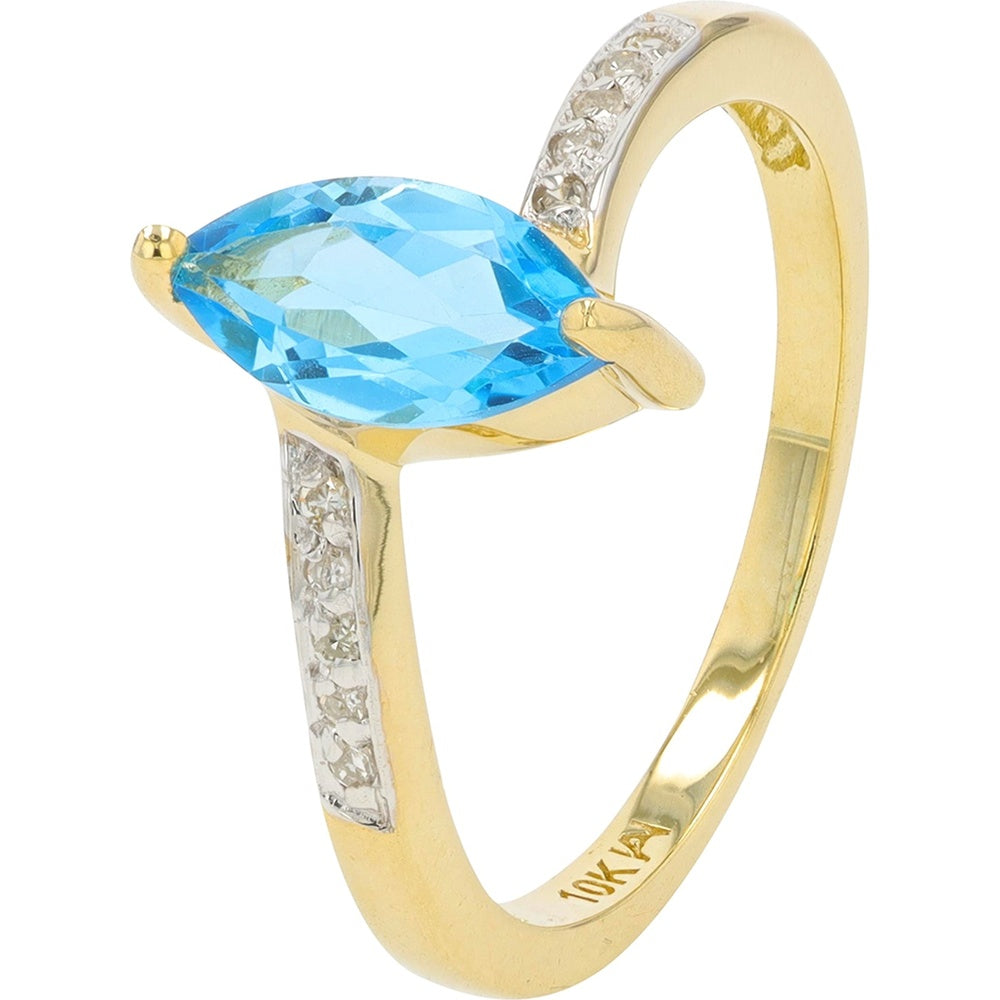 10K Yellow Gold Marquise-Cut Blue Topaz Ring with Pavé Diamond Accents - 1.20 Carat Total Gemstone Weight and 0.05 Carat Total Diamond Weight