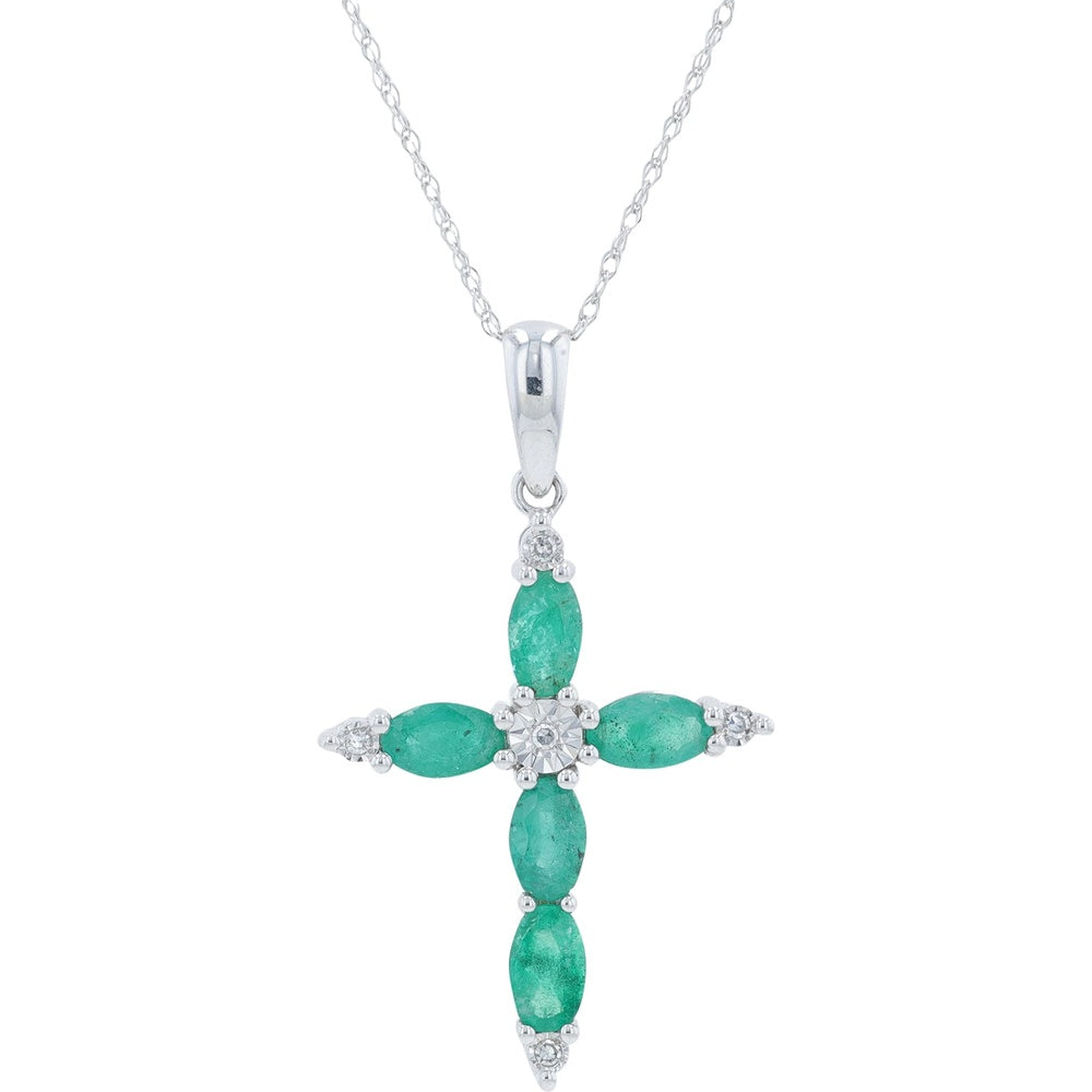 10K Yellow Gold Marquise-Cut Emerald Cross Pendant with Round Diamond Accents - 0.03 Carat Total Diamond Weight