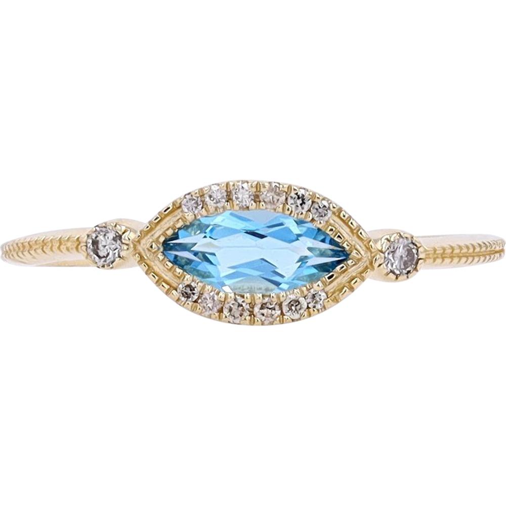 10K Yellow Gold Marquise-Cut Swiss Blue Topaz Ring with Diamond Halo - 0.08 Carats Total Diamond Weight