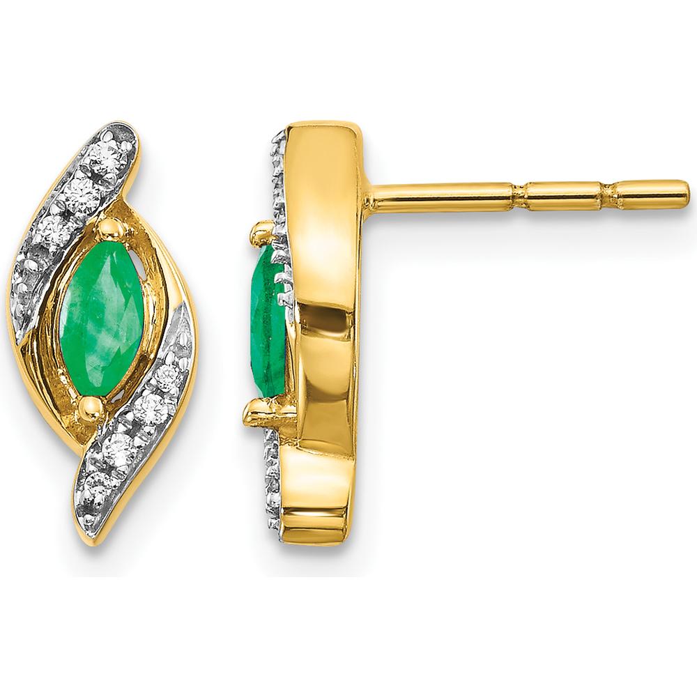 10K Yellow Gold Marquise Emerald and Diamond Button Earrings - 0.18 Carat Emerald, 0.02 Carat Diamond Total Carat Weight by Monteluci Fine Jewelry