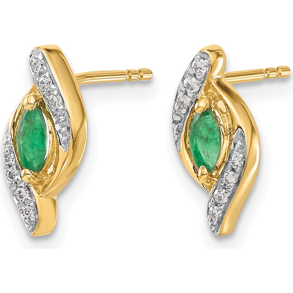 10K Yellow Gold Marquise Emerald and Diamond Button Earrings - 0.18 Carat Emerald, 0.02 Carat Diamond Total Carat Weight by Monteluci Fine Jewelry