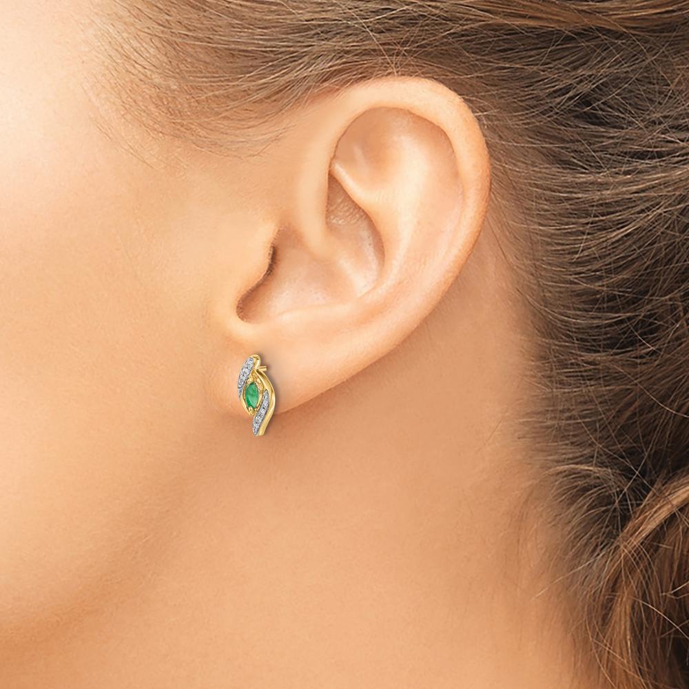 10K Yellow Gold Marquise Emerald and Diamond Button Earrings - 0.18 Carat Emerald, 0.02 Carat Diamond Total Carat Weight by Monteluci Fine Jewelry