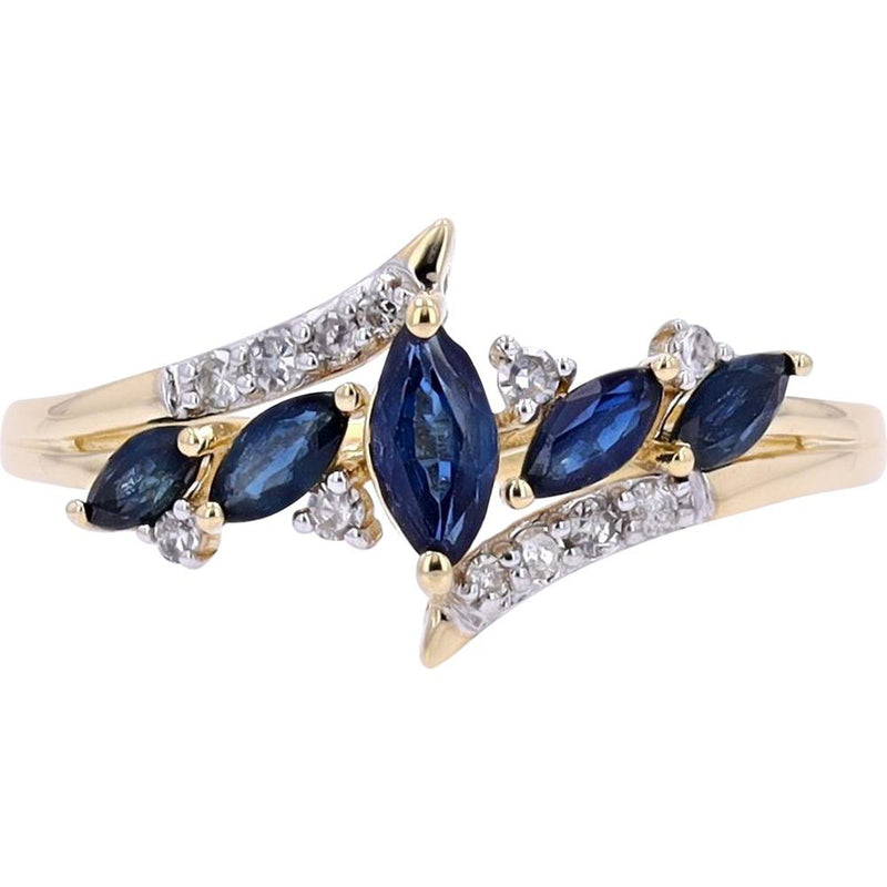 10K Yellow Gold Marquise Sapphire and Diamond Ring - 0.12 Carats Total Diamond Weight