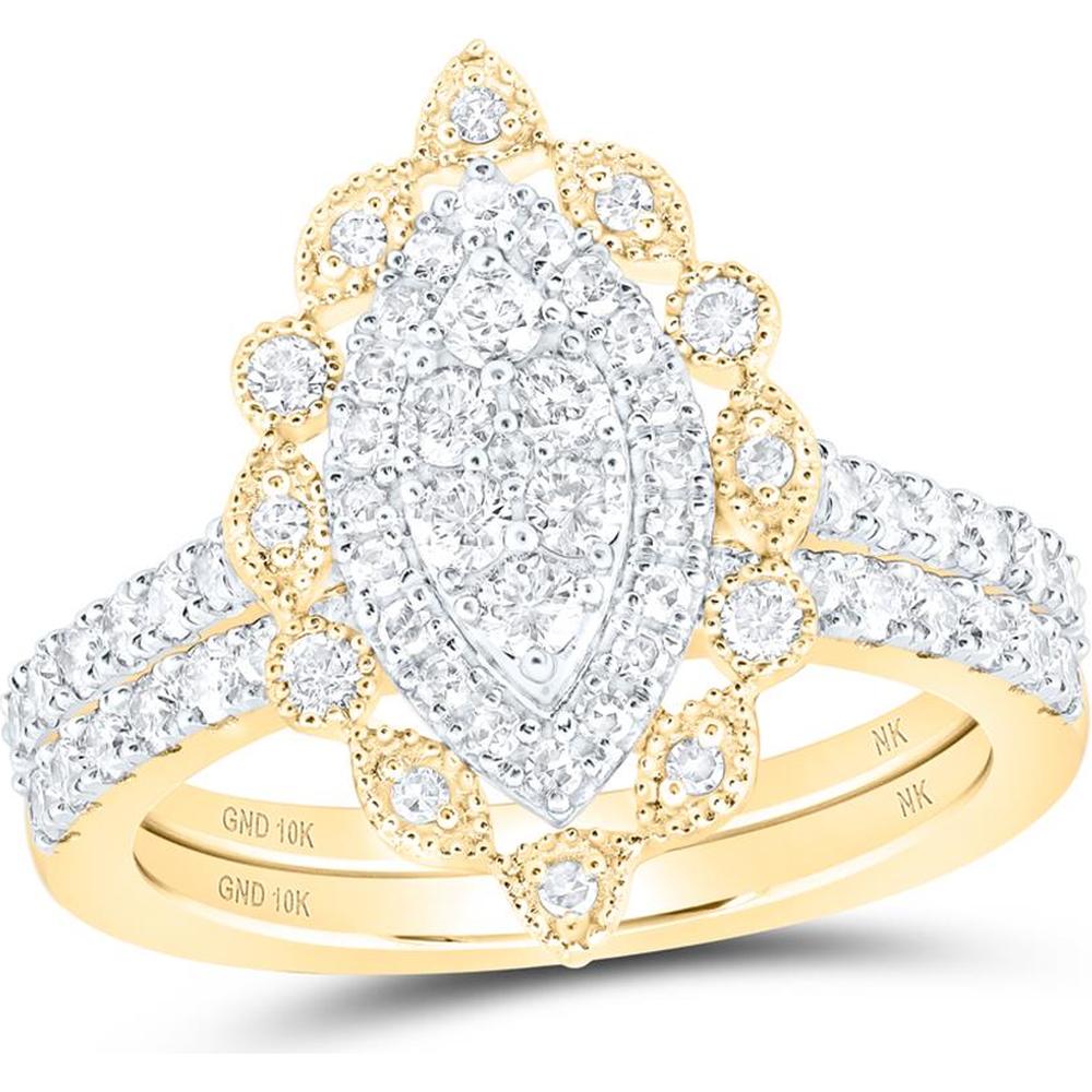 10K Yellow Gold Marquise-Shape Halo Bridal Set with Prong-Set Round Diamonds - 1.00 Carat Total Diamond Weight