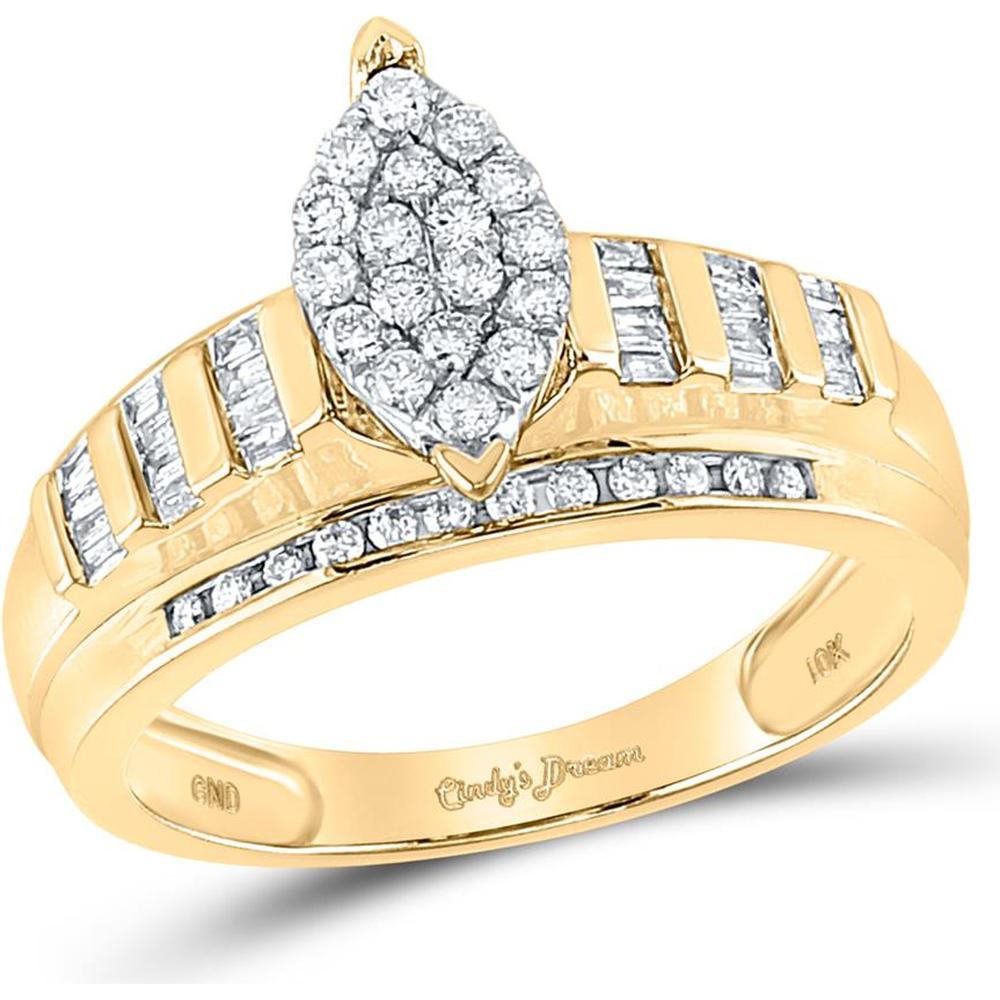 10K Yellow Gold Marquise-Shaped Round and Baguette Diamond Cluster Engagement Ring - 0.50 Carat Total Diamond Weight