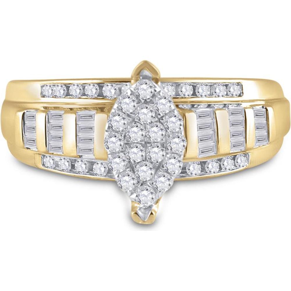 10K Yellow Gold Marquise-Shaped Round and Baguette Diamond Cluster Engagement Ring - 0.50 Carat Total Diamond Weight