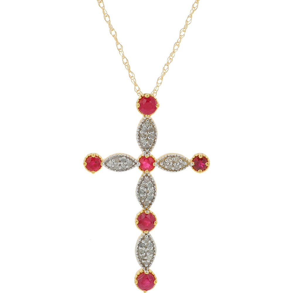 10K Yellow Gold Marquise Station Cross Pendant with Round Rubies and Pavé-Set Diamonds - 0.35 Carat Ruby Total Weight and 0.10 Carat Diamond Total Weight
