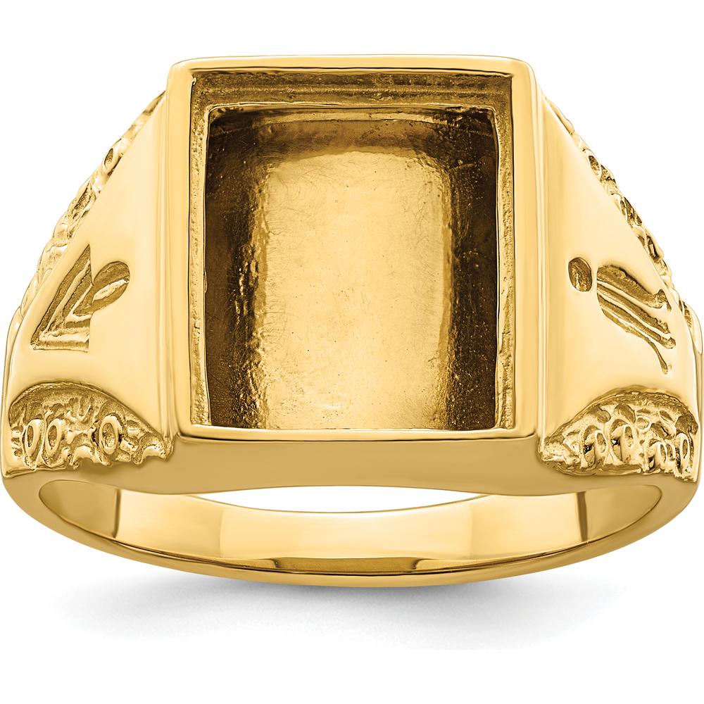 10K Yellow Gold Masonic Ring Mounting for 12x10mm Rectangle Stone with Polished and Textured Tapered Band