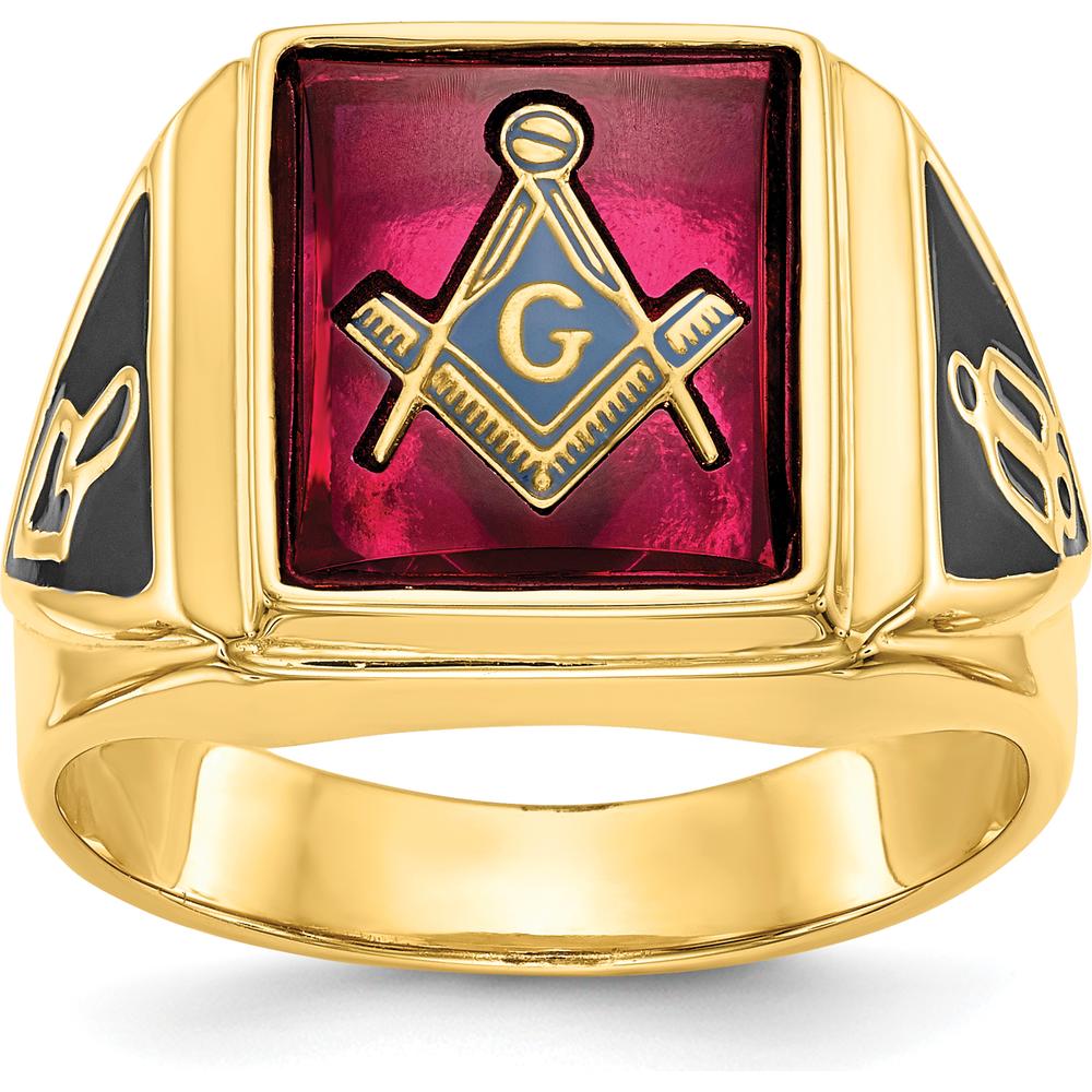 10K Yellow Gold Masonic Ring with Black Enamel and Lab-Created Ruby - 12x10mm Cushion Cut