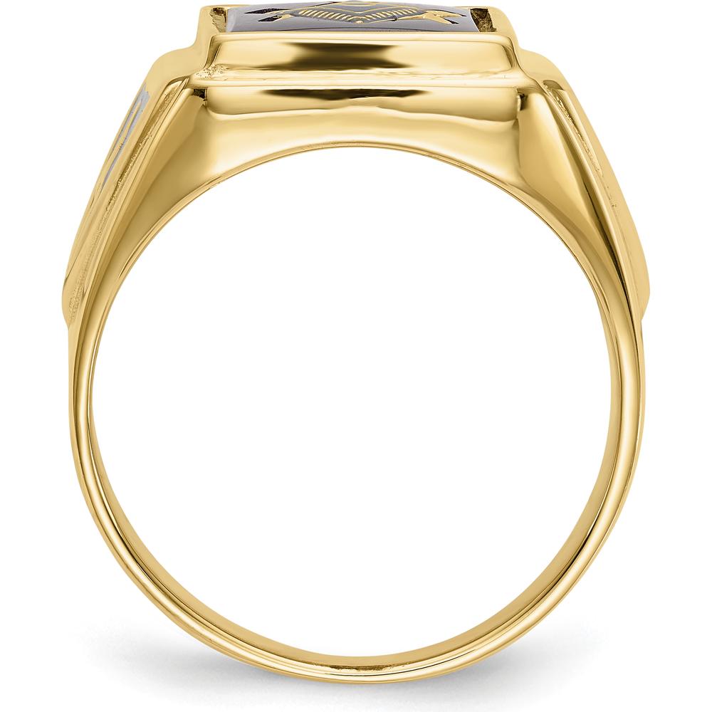 10K Yellow Gold Masonic Ring with Black Enamel and Lab-Created Ruby - 12x10mm Cushion Cut