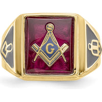 10K Yellow Gold Masonic Ring with Black Enamel and Lab-Created Ruby - 12x10mm Cushion Cut