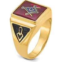 10K Yellow Gold Masonic Ring with Black Enamel and Lab-Created Ruby - 12x10mm Cushion Cut