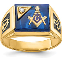 10K Yellow Gold Masonic Ring with Imitation Blue Spinel Cushion Cut and Round Diamond - 0.02 Carat Total Diamond Weight