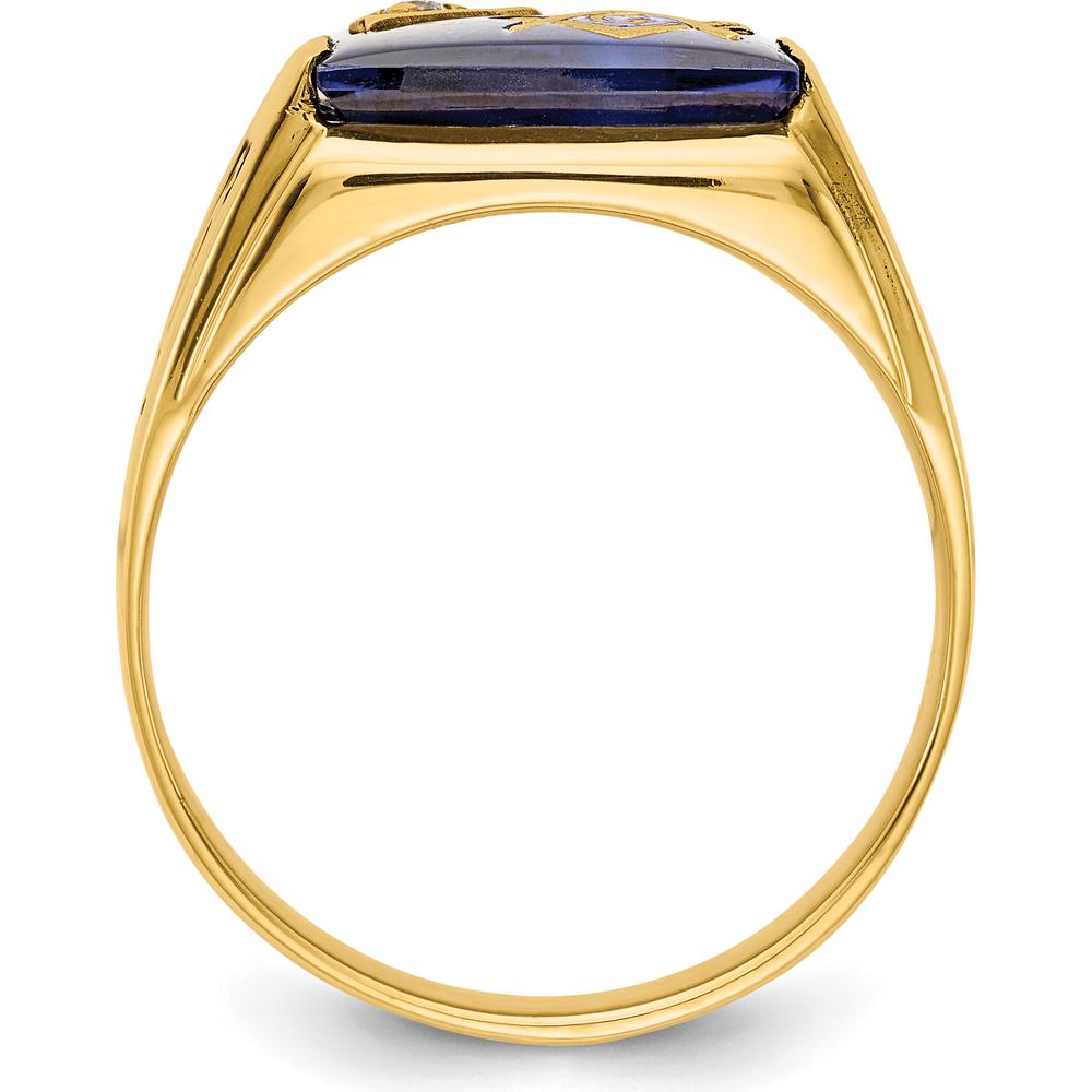 10K Yellow Gold Masonic Ring with Imitation Blue Spinel Cushion Cut and Round Diamond - 0.02 Carat Total Diamond Weight