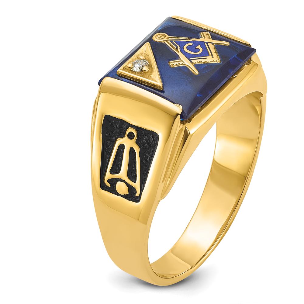 10K Yellow Gold Masonic Ring with Imitation Blue Spinel Cushion Cut and Round Diamond - 0.02 Carat Total Diamond Weight