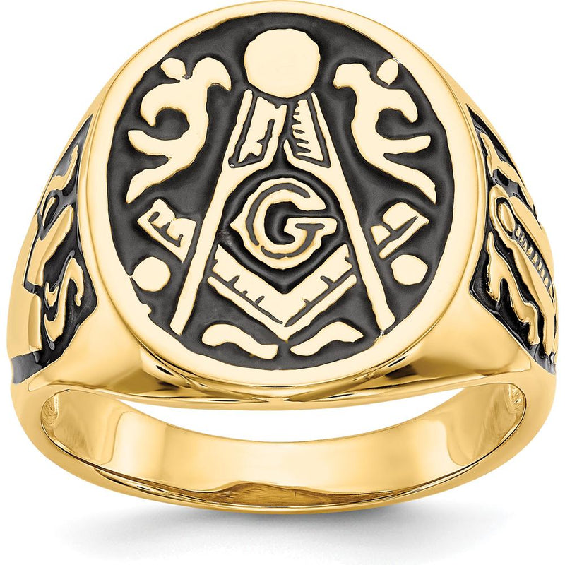 10K Yellow Gold Masonic Ring with Polished Finish and Black Enamel Accents - Grooved Band Design