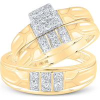 10K Yellow Gold Matching Wedding Ring Set with Prong-Set Round Diamonds in Square Cluster and Vertical Columns - 0.50 Carat Total Diamond Weight