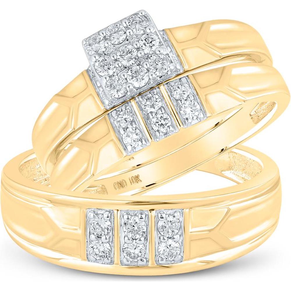 10K Yellow Gold Matching Wedding Ring Set with Prong-Set Round Diamonds in Square Cluster and Vertical Columns - 0.50 Carat Total Diamond Weight