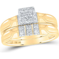 10K Yellow Gold Matching Wedding Ring Set with Prong-Set Round Diamonds in Square Cluster and Vertical Columns - 0.50 Carat Total Diamond Weight