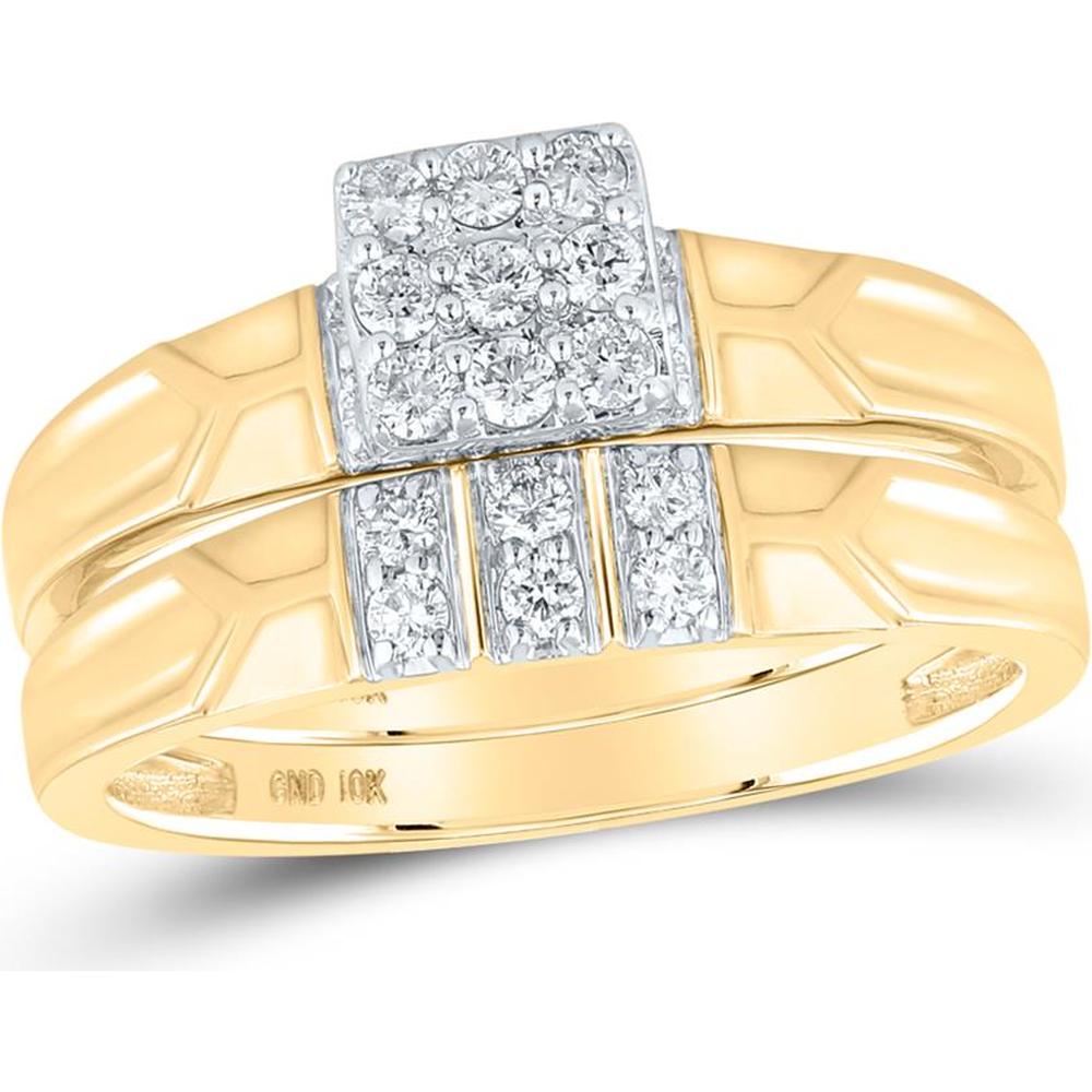 10K Yellow Gold Matching Wedding Ring Set with Prong-Set Round Diamonds in Square Cluster and Vertical Columns - 0.50 Carat Total Diamond Weight