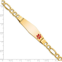 10K Yellow Gold Medical Alert Figaro Bracelet with Red Enamel ID Plate - 8"