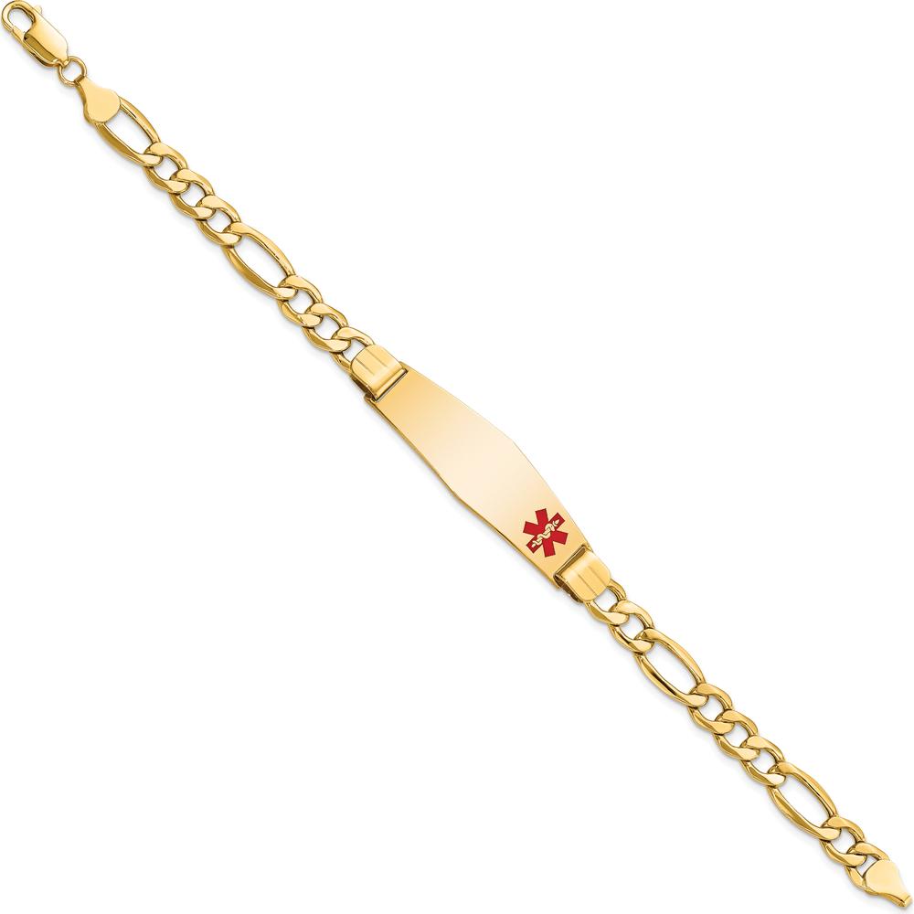 10K Yellow Gold Medical Alert Figaro Bracelet with Red Enamel ID Plate - 8"