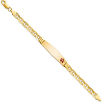 10K Yellow Gold Medical ID Bracelet with Red Enamel Anchor Detail - 7in Length