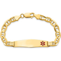 10K Yellow Gold Medical ID Bracelet with Red Enamel Anchor Detail - 7in Length