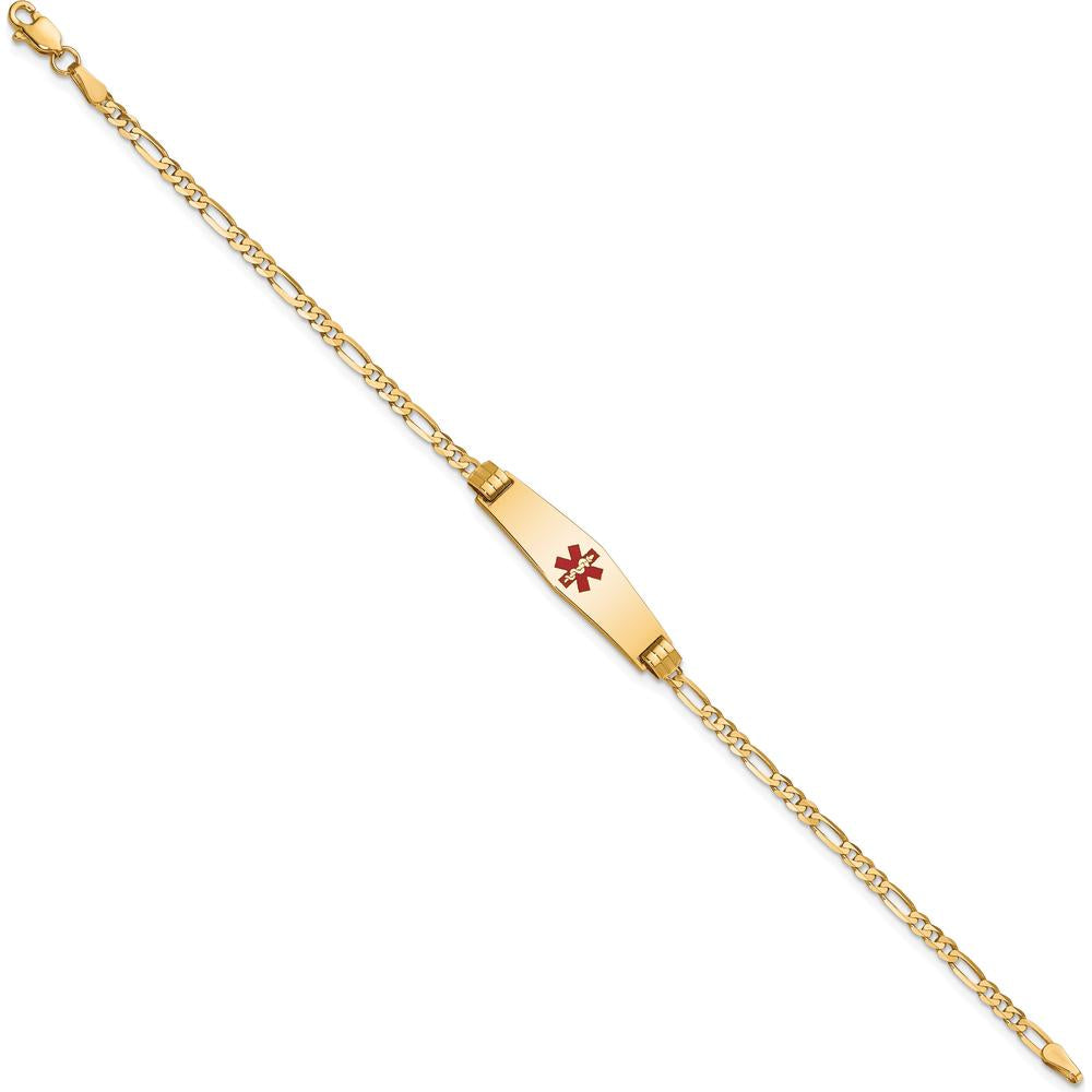 10K Yellow Gold Medical ID Bracelet with Red Enamel and Figaro Chain - Engravable, 8" Length