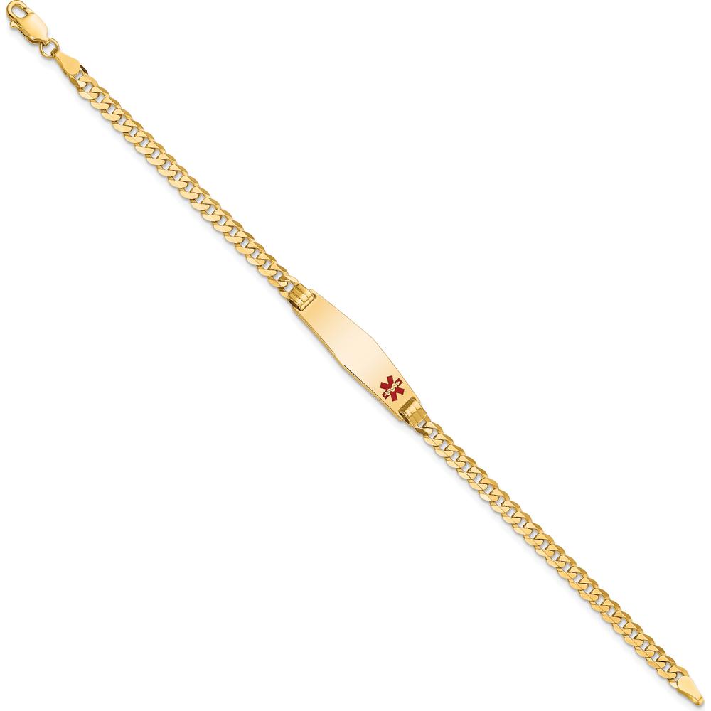 10K Yellow Gold Medical Soft Diamond Shape Red Enamel Curb Link ID Bracelet with Engraving Option