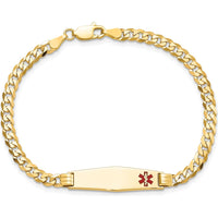 10K Yellow Gold Medical Soft Diamond Shape Red Enamel Curb Link ID Bracelet with Engraving Option