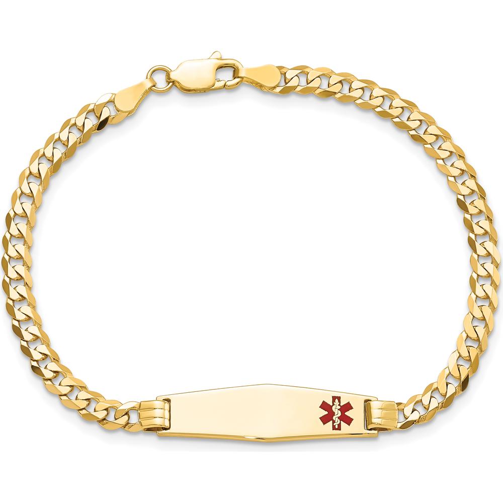10K Yellow Gold Medical Soft Diamond Shape Red Enamel Curb Link ID Bracelet with Engraving Option