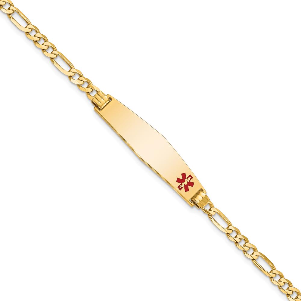 10K Yellow Gold Medical Soft Diamond Shape Red Enamel Figaro Link ID Bracelet with Engravable Charm