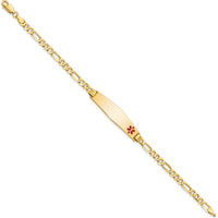 10K Yellow Gold Medical Soft Diamond Shape Red Enamel Figaro Link ID Bracelet with Engravable Charm