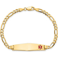 10K Yellow Gold Medical Soft Diamond Shape Red Enamel Figaro Link ID Bracelet with Engravable Charm