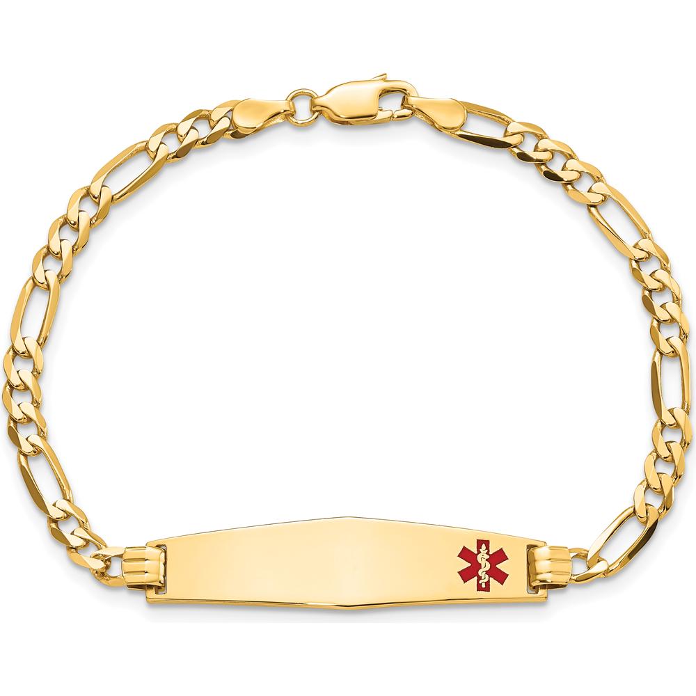 10K Yellow Gold Medical Soft Diamond Shape Red Enamel Figaro Link ID Bracelet with Engravable Charm