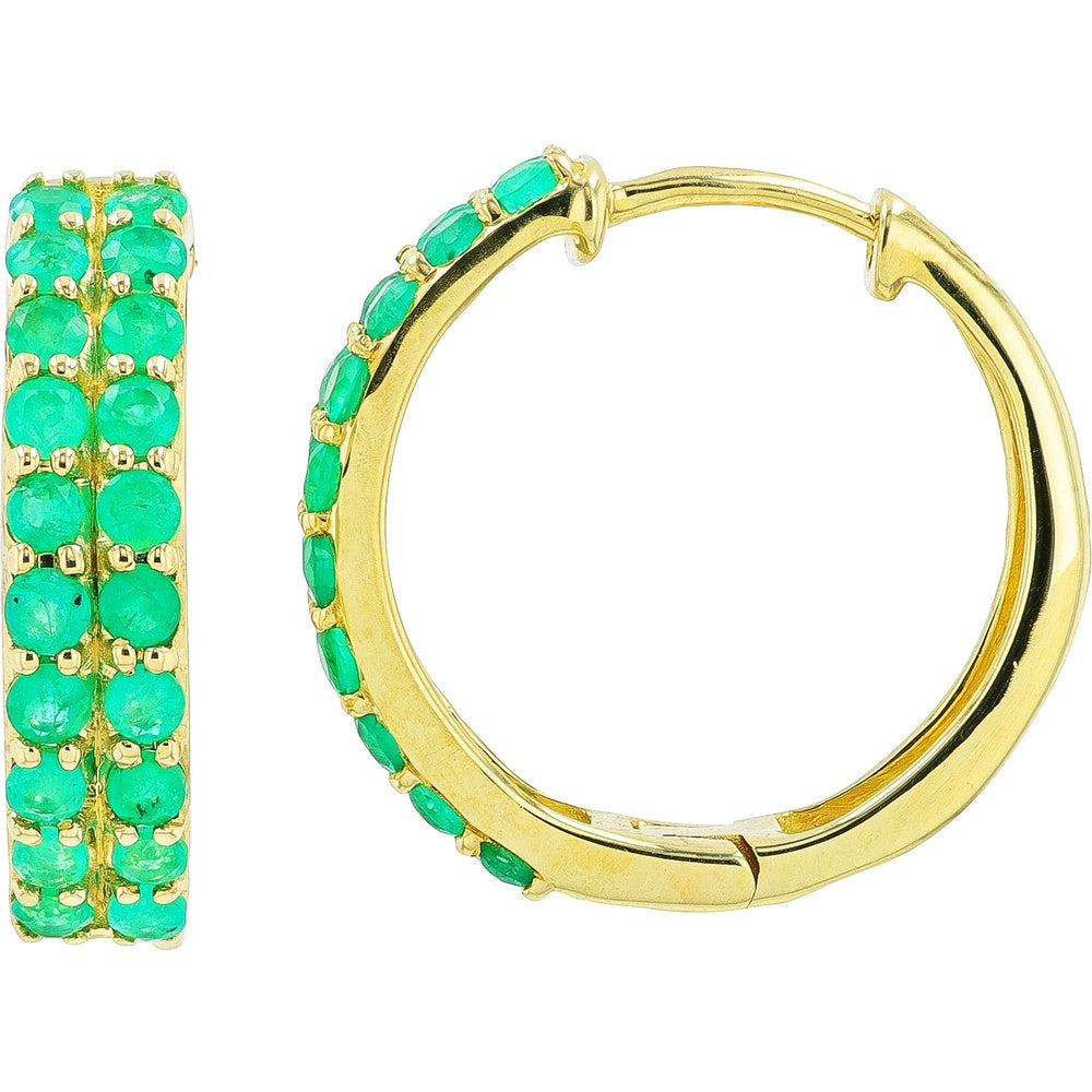 10K Yellow Gold Medium Hoop Earrings with Double-Row Pavé Set Round Emeralds - 0.85 Carat Total Gem Weight