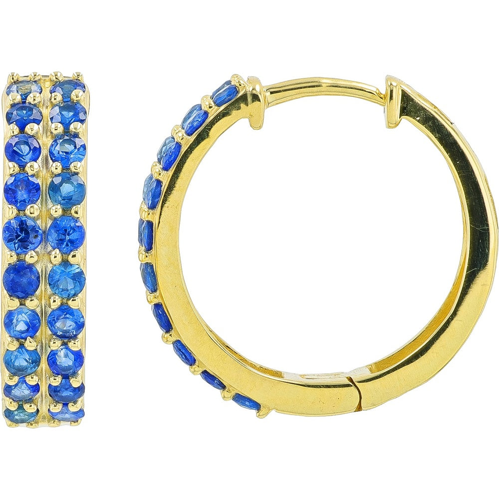10K Yellow Gold Medium Hoop Earrings with Double Row Prong-Set Round Sapphires - 0.85 Carat Total Gem Weight