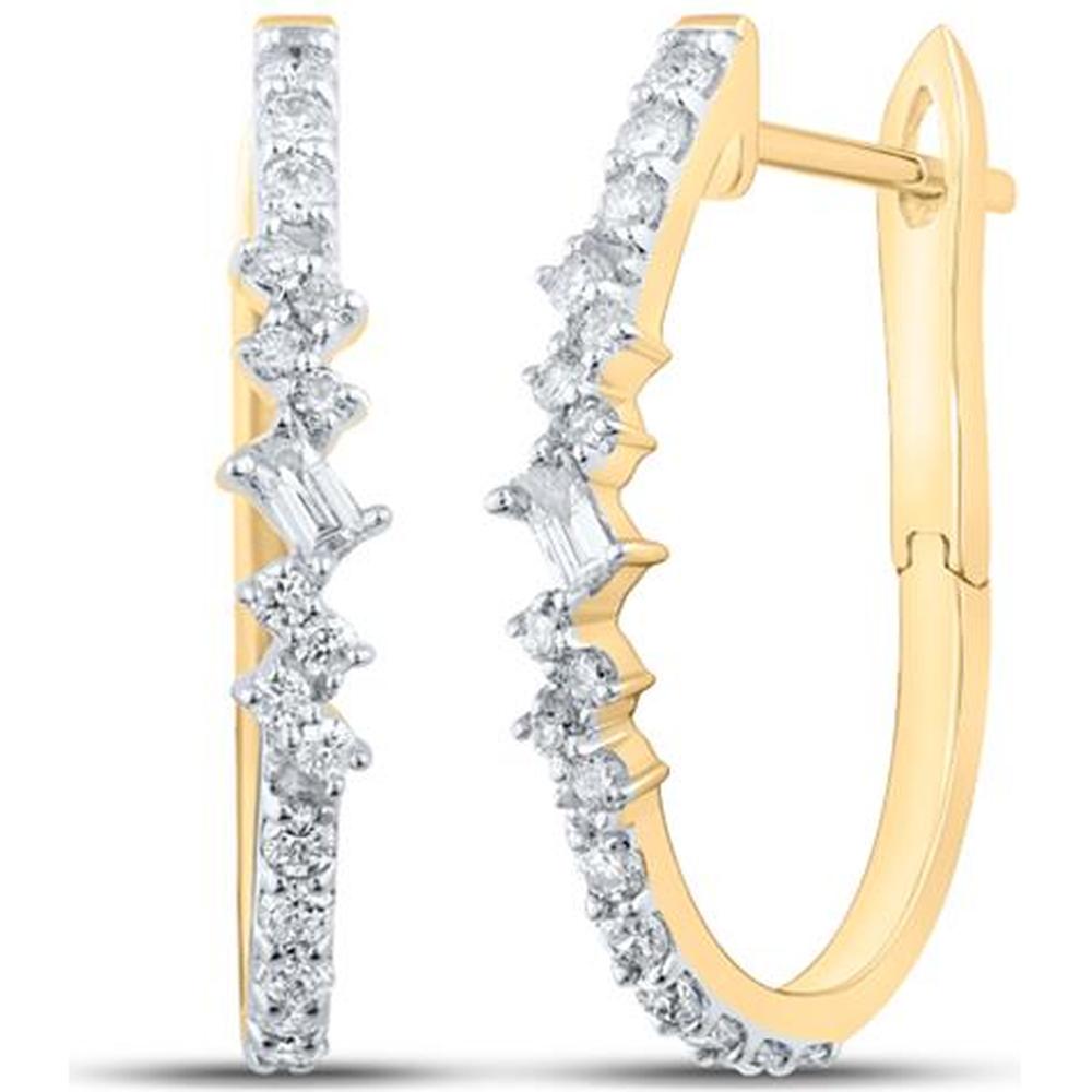 10K Yellow Gold Medium Hoop Earrings with Prong-Set Round and Baguette Diamonds - 3/8 Carat Total Diamond Weight