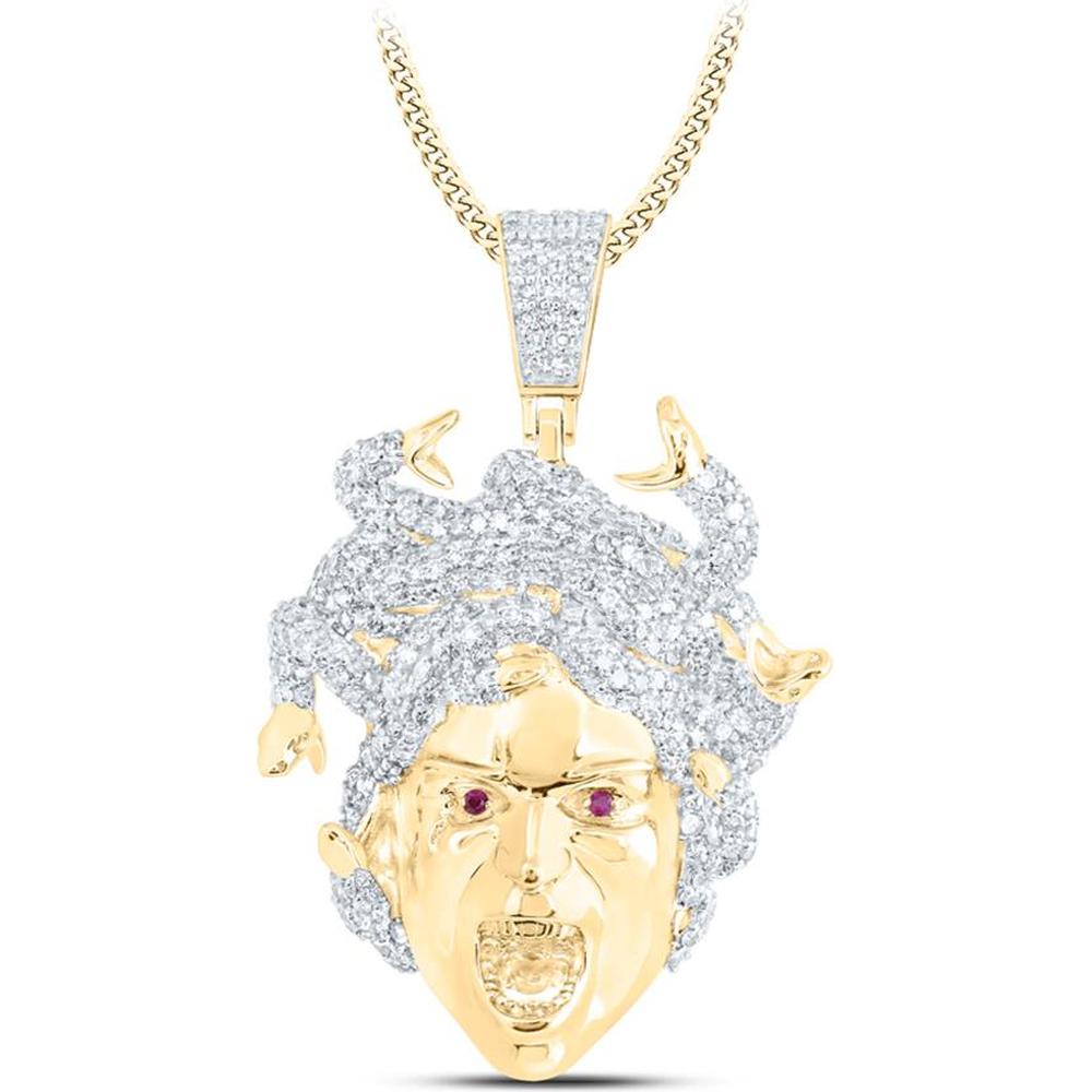 10K Yellow Gold Medusa Face Charm Pendant with Round Diamonds and Ruby Eyes - 2.64 Carat Total Diamond Weight