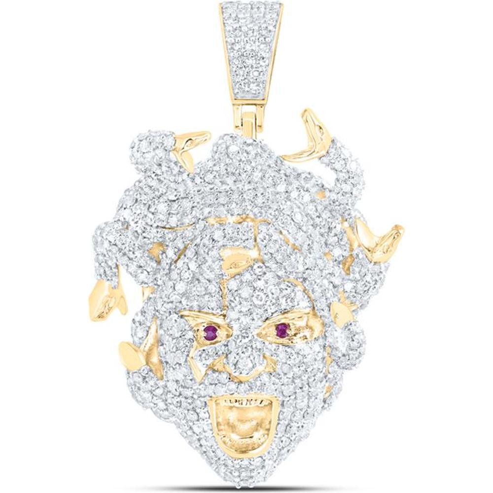 10K Yellow Gold Medusa Face Pendant with 3.57 Carat Round Diamonds & Ruby Eyes - 3 & 5/8 Carat Total Diamond Weight