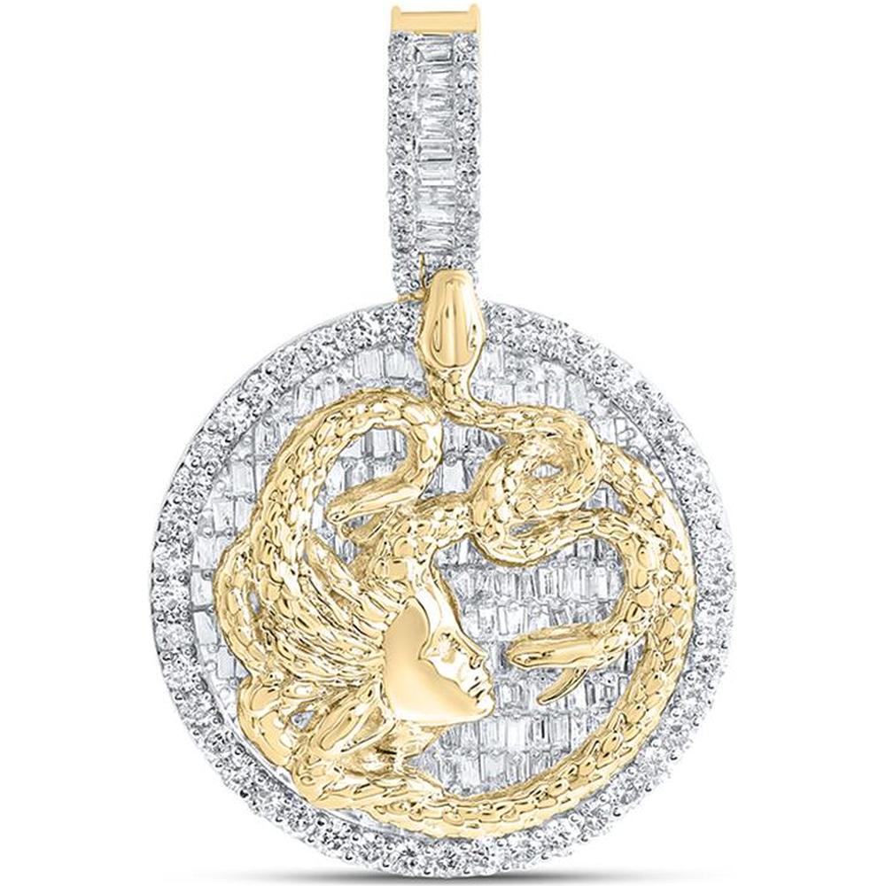 10K Yellow Gold Medusa Snake Pendant with Baguette and Round Diamonds - 2.75 Carat Total Diamond Weight